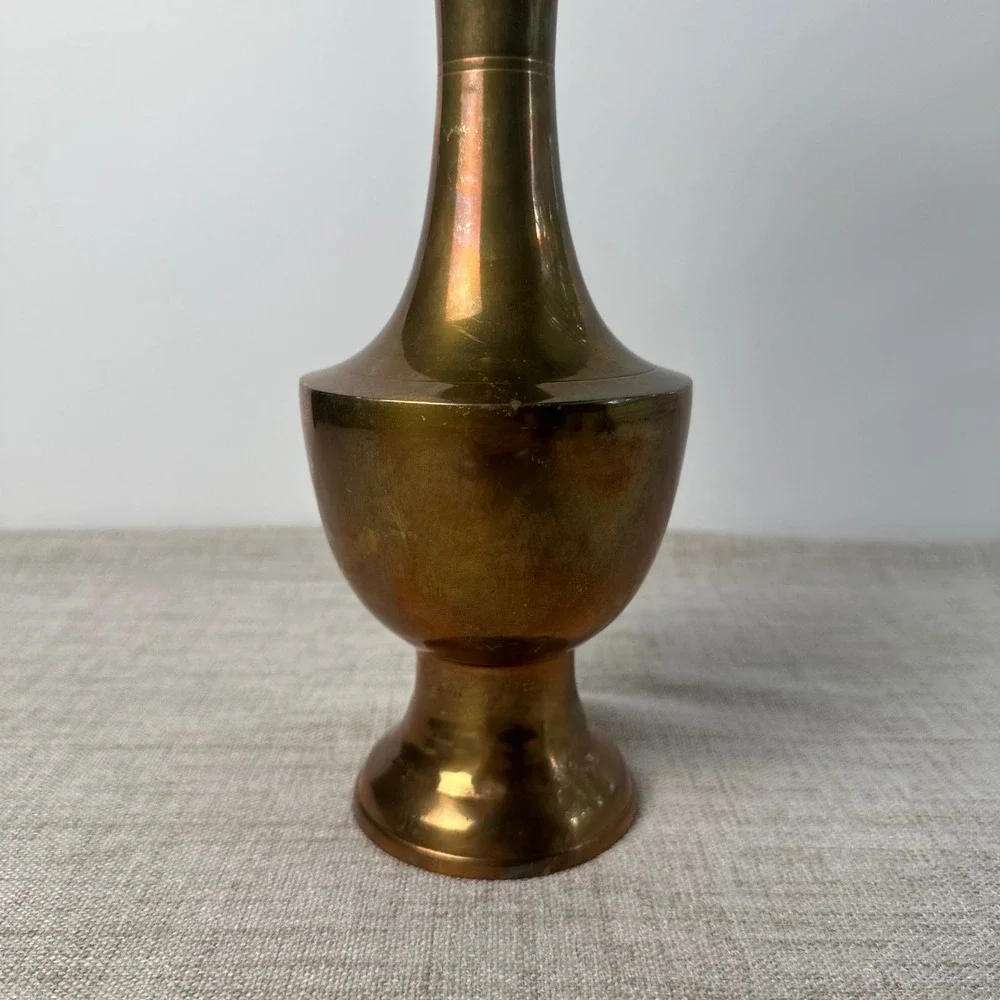 Vintage Brass Vase Made in India | Tall Indian Brass Pedestal Vase | Aged Patina